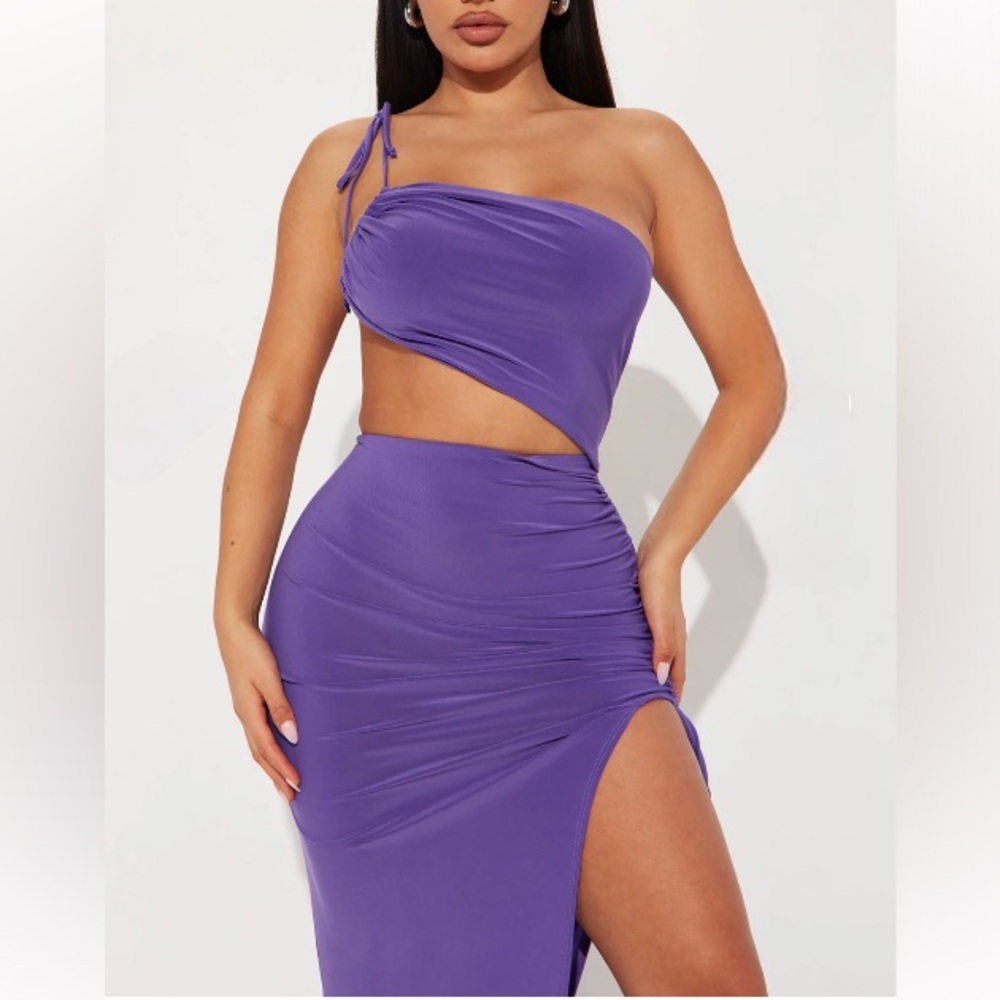 Fashion Nova XS Rio Afterparty Maxi Dress Purple Asymmetrical Cut Out Strapless
